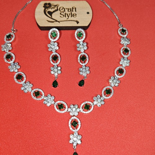 Diamond-Cuts Floral Necklace Set/Ex-1-H20607-4-1820-Green