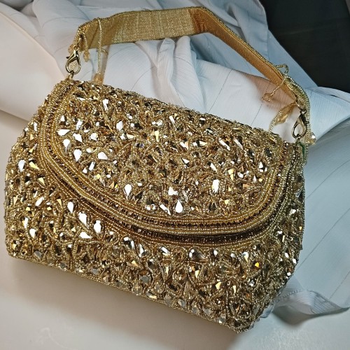 Golden Embellished Party Clutch – Crystal Bead Design LP2162/9