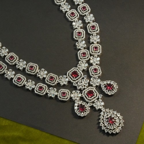 Premium Ruby &amp; Diamond-Cut Double Layer Necklace Set H2541/15