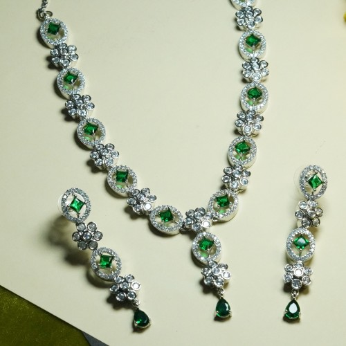 Diamond-Cuts Floral Necklace Set/Ex-1-H20607-4-1820-Green