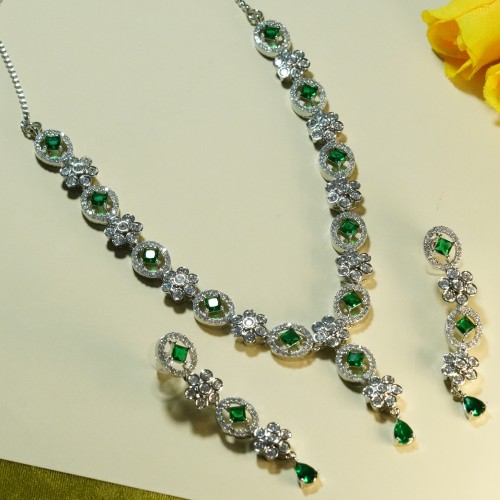 Diamond-Cuts Floral Necklace Set/Ex-1-H20607-4-1820-Green