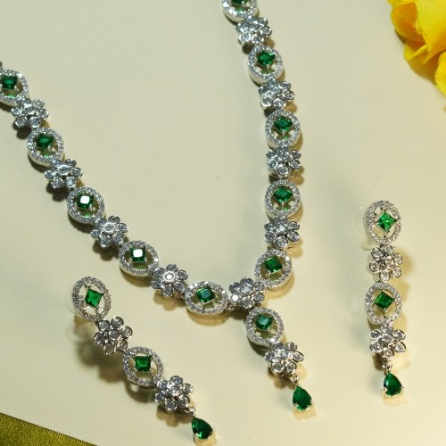 Diamond-Cuts Floral Necklace Set/Ex-1-H20607-4-1820-Green
