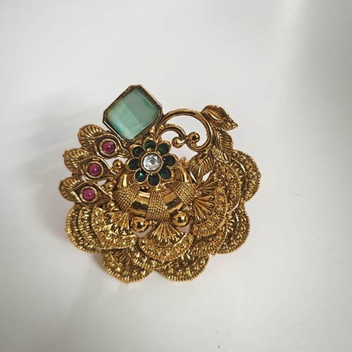 Antique Golden Big Finger Ring with Green/23467/8