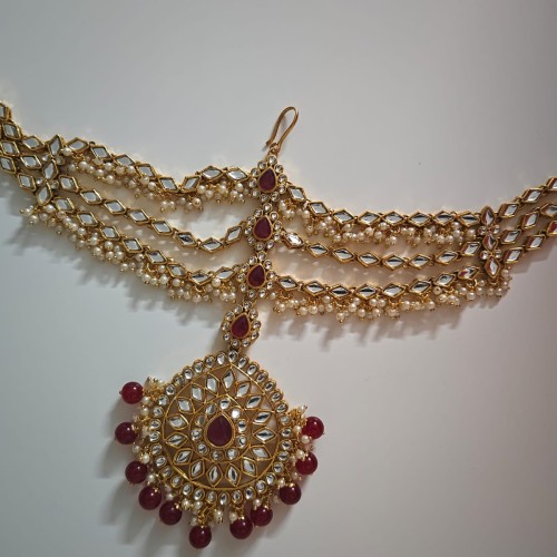 Elegant Ruby Three-Layer Sita Pati Maang Tikly/H23467/12