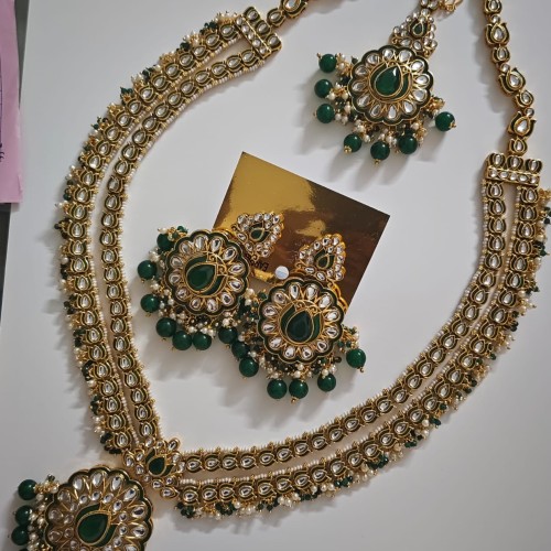 Royal Green Kundan Necklace Set with Earrings and Tikly Bridal Set/H23467/3