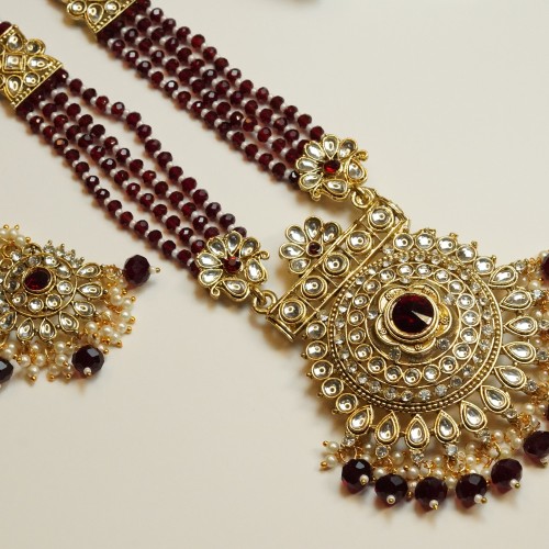 Maroon &amp; Pearl Kundan Bridal Necklace Set H23469/4