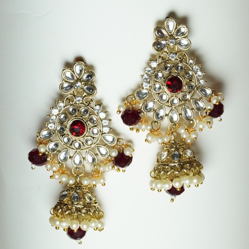 Maroon &amp; Pearl Kundan Bridal Necklace Set H23469/4