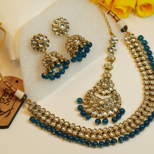 Blue Kundan Necklace Set with Jhumka &amp; Tickly H23469/5