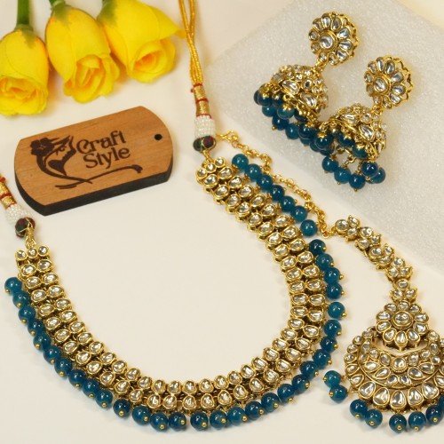 Blue Kundan Necklace Set with Jhumka &amp; Tickly H23469/5