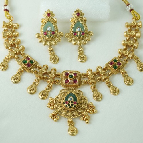 Heritage Antique Gold Necklace Set with Ruby &amp;amp; Green Stone Work
