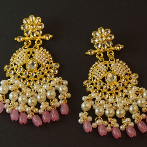 Kundan Pearl Chandelier Earrings (Pink &amp;amp; White Bead Variants)