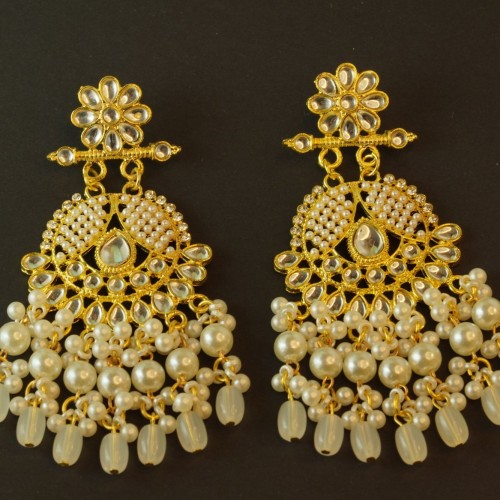 Kundan Pearl Chandelier Earrings (Pink &amp;amp; White Bead Variants)