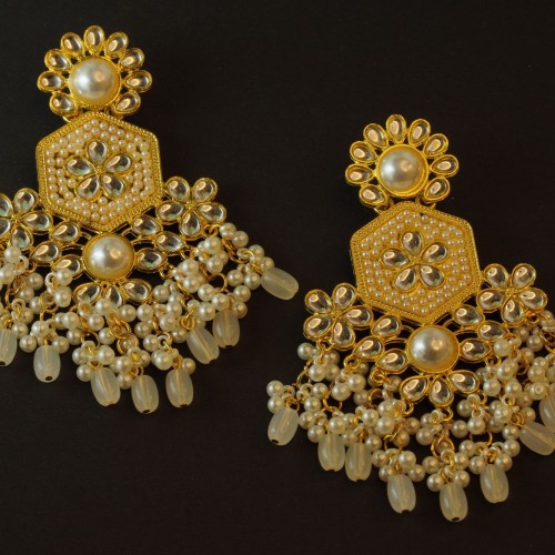 Kundan Pearl Chandelier Earrings (Pink &amp;amp; White Bead Variants)