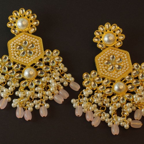 Kundan Pearl Chandelier Earrings (Pink &amp;amp; White Bead Variants)