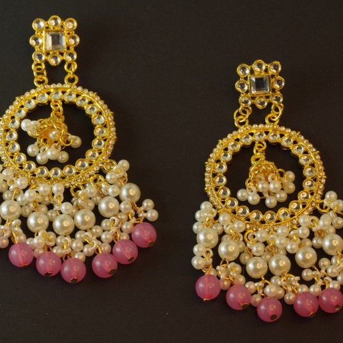Kundan Pearl Chandelier Earrings in Pink &amp;amp; White | Craft Style