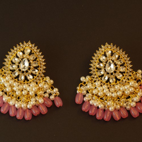 Kundan Pearl Chandelier Earrings (Pink Bead Variants)