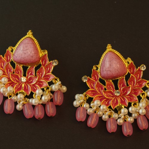 Lotus-Inspired Kundan Chandelier Earrings (Pink, Deep Pink &amp;amp; White Variants)