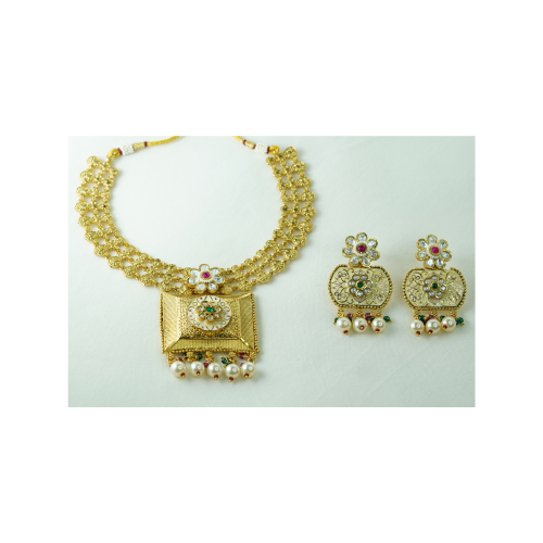 Royal Antique Gold Necklace Set with Pearl Drop Earrings