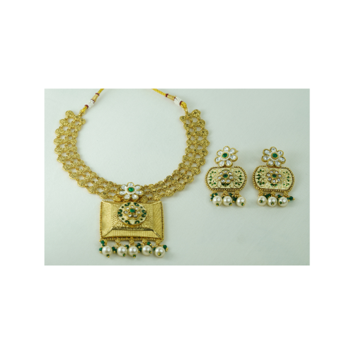 Royal Antique Gold Necklace Set with Pearl Drop Earrings