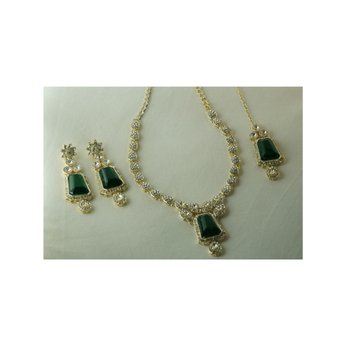 Emerald Green Crystal Necklace Set in Silver-Gold Finish