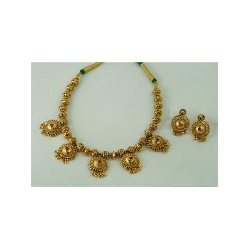 Antique Gold Beaded Necklace Set with Ruby Accent Pendants