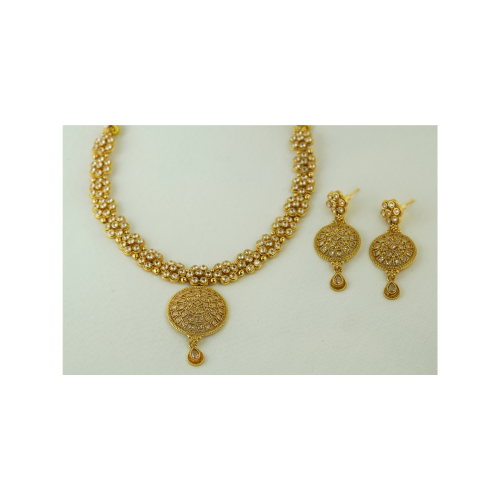 Antique Gold Circle Pendant Necklace Set with Crystal Work