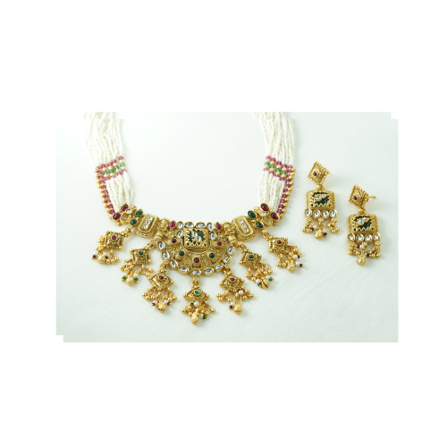Royal Kundan Pearl Necklace Set with Multicolor Stone Work