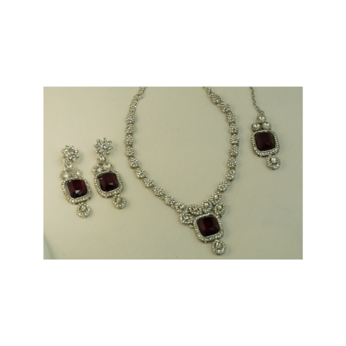 Ruby Red Crystal Necklace Set in Silver Finish