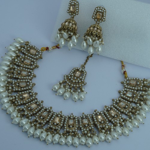 Indian Traditional Pearl Kundan Choker Necklace Set