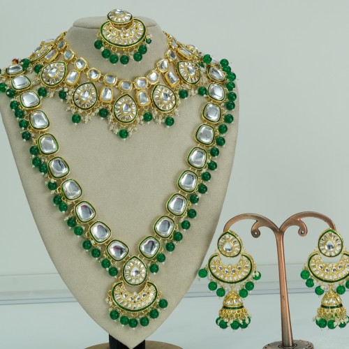 Indian Traditional Kundan Necklace Set (Green &amp;amp; Maroon Beads)