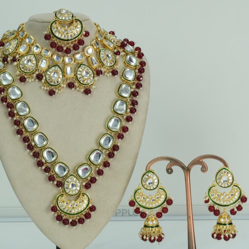Indian Traditional Kundan Necklace Set (Green &amp;amp; Maroon Beads)