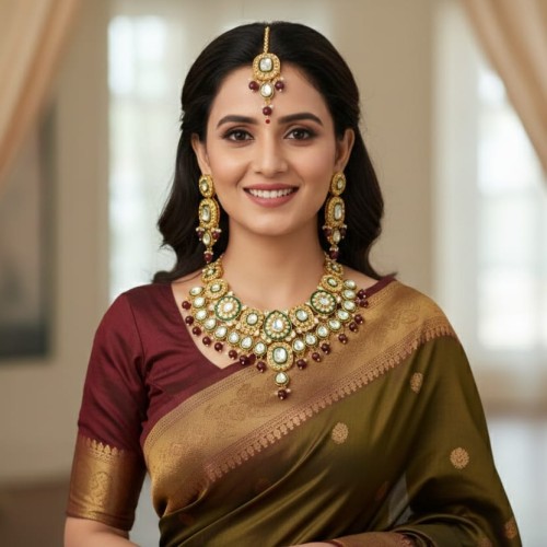 Indian Traditional Kundan Necklace Set with Maroon Beads