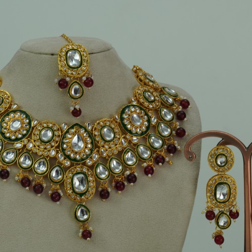 Indian Traditional Kundan Necklace Set with Maroon Beads