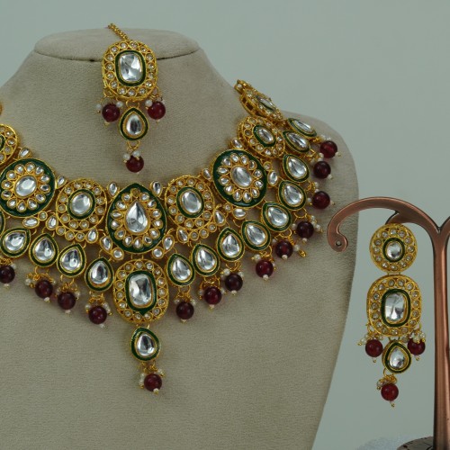 Indian Traditional Kundan Necklace Set with Maroon Beads