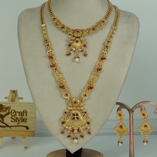 Indian Traditional Long Necklace Set with Antique Gold Finish