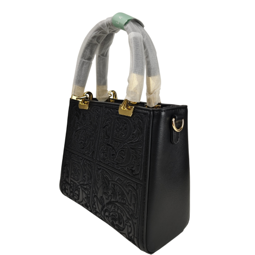 Craft Style Luxury Embossed Top Handle Black Handbag