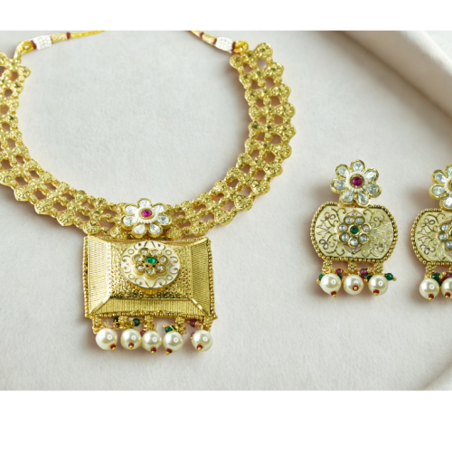 Royal Red Golden Necklace Set with Pearl Drop Earrings