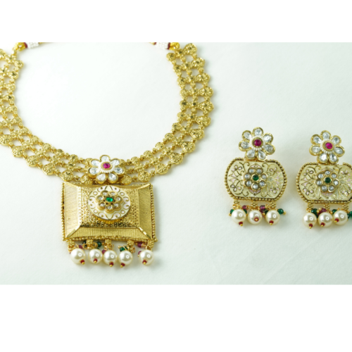Royal Red Golden Necklace Set with Pearl Drop Earrings