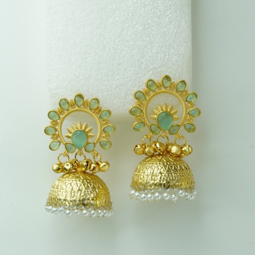 Contemporary Gold Mint Green Jhumka Earrings
