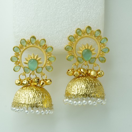 Contemporary Gold Mint Green Jhumka Earrings