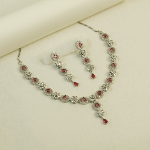 Diamond-Cuts Floral Necklace Set/Ex-1-H20607-4-1820-Red