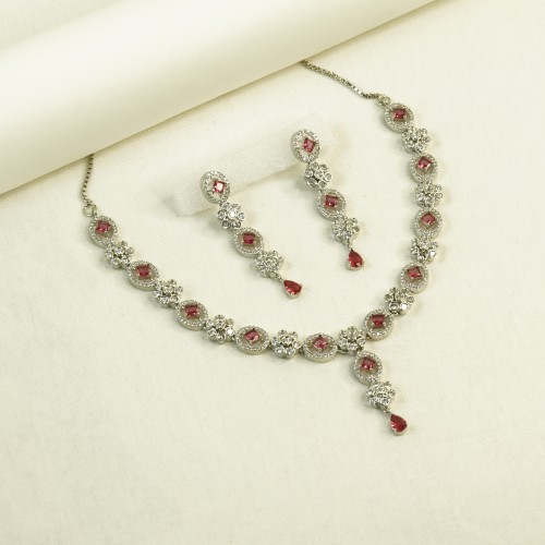 Diamond-Cuts Floral Necklace Set/Ex-1-H20607-4-1820-Red
