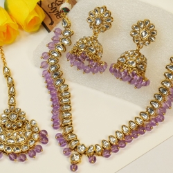Lavender Kundan Necklace Set with Jhumka Earrings &amp; Tickly H23469/3