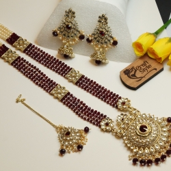 Maroon &amp; Pearl Kundan Bridal Necklace Set H23469/4