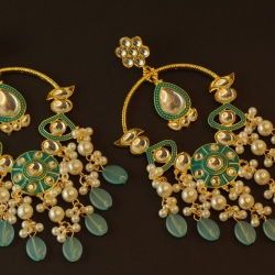 Kundan Green Enamel Chandelier Earrings with Pearl Drops