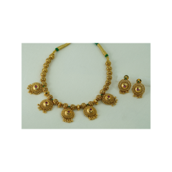 Antique Gold Beaded Necklace Set with Ruby Accent Pendants