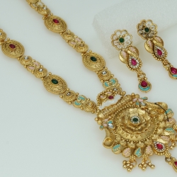 Indian Traditional Long Necklace Set with Antique Gold Finish