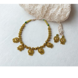 Antique Gold Beaded Necklace Set with Ruby Accent Pendants