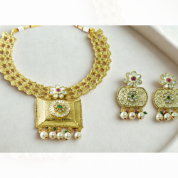 Royal Red Golden Necklace Set with Pearl Drop Earrings