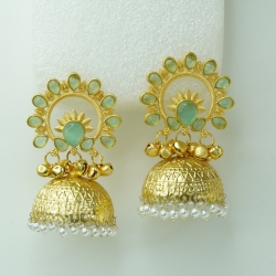 Contemporary Gold Mint Green Jhumka Earrings